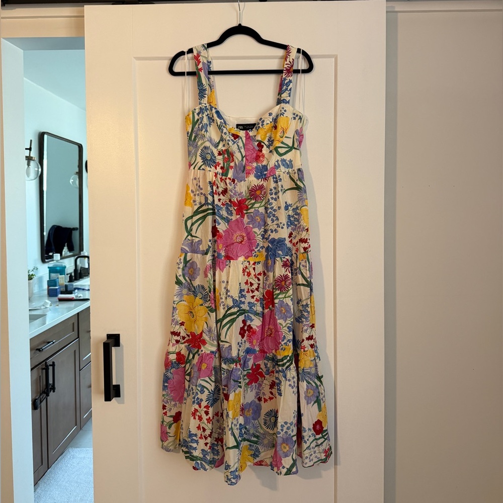Zara Cream Maxi Dress with Pink, Yellow & Blue Floral Print